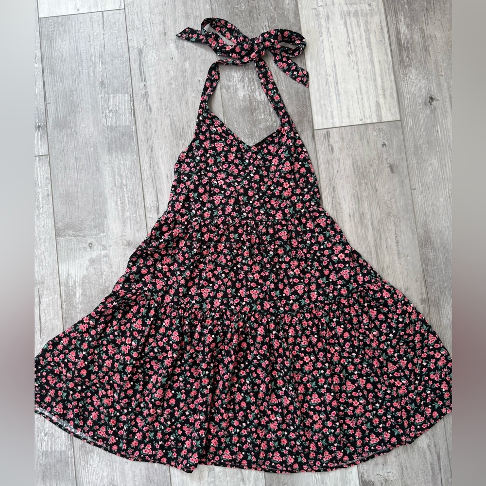 American Eagle Floral Halter Mini Dress Small | Black Pink Tiered Tie Neck